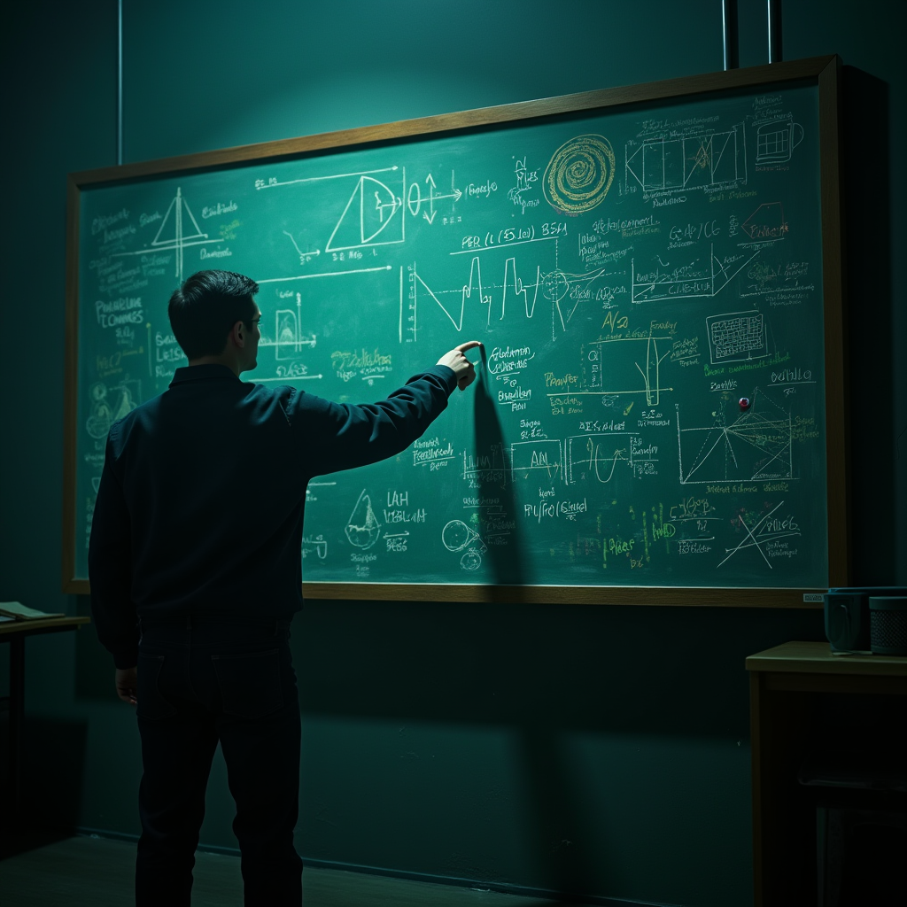 Dramatic low-angle view of a physicist pointing at a massive