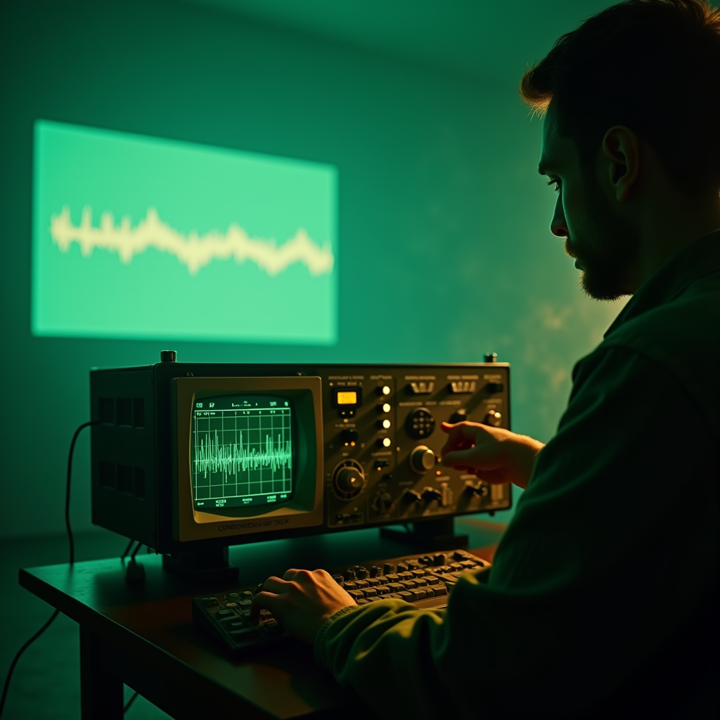 Dutch angle of a technician adjusting a brass dial on a mass