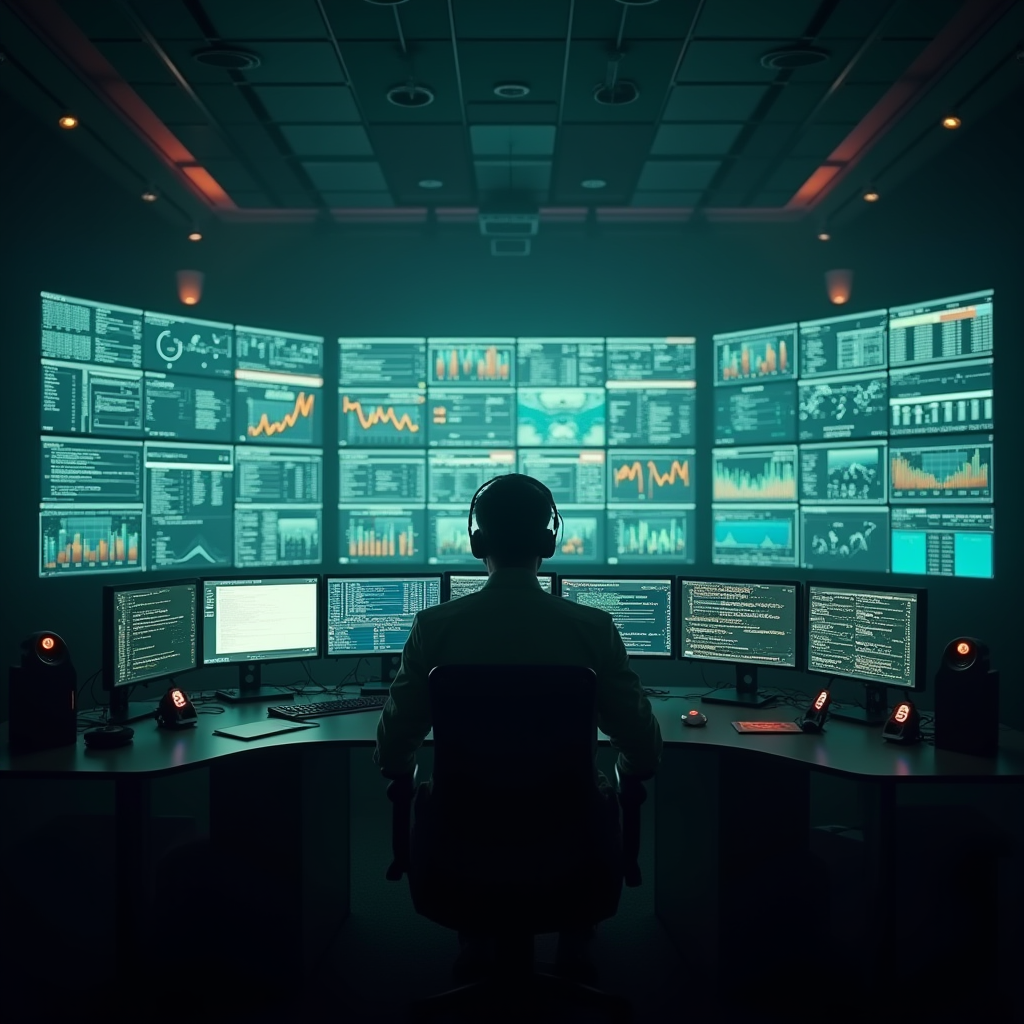 Wide shot of a control room operator monitoring a wall of sy