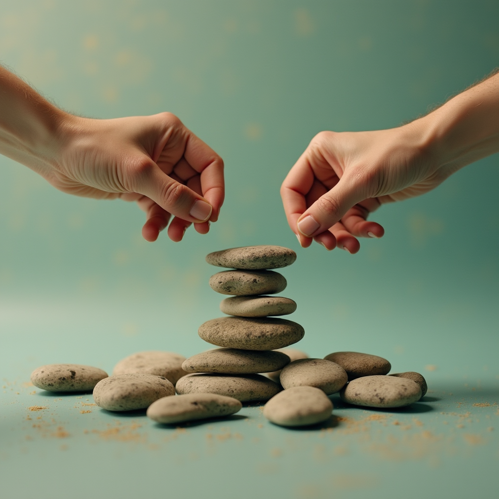 A pair of hands arranging smooth stones that instantly snap