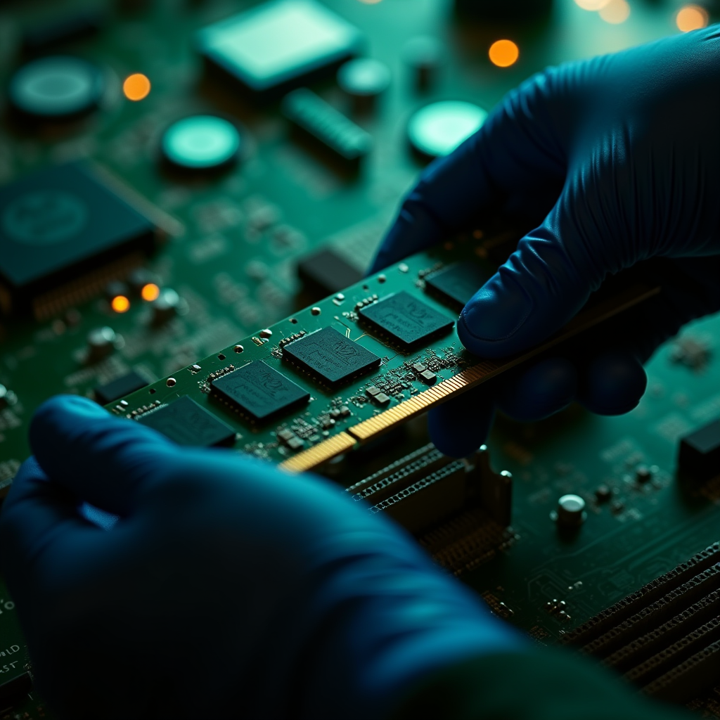 Close up of gloved hands carefully aligning a thick memory m