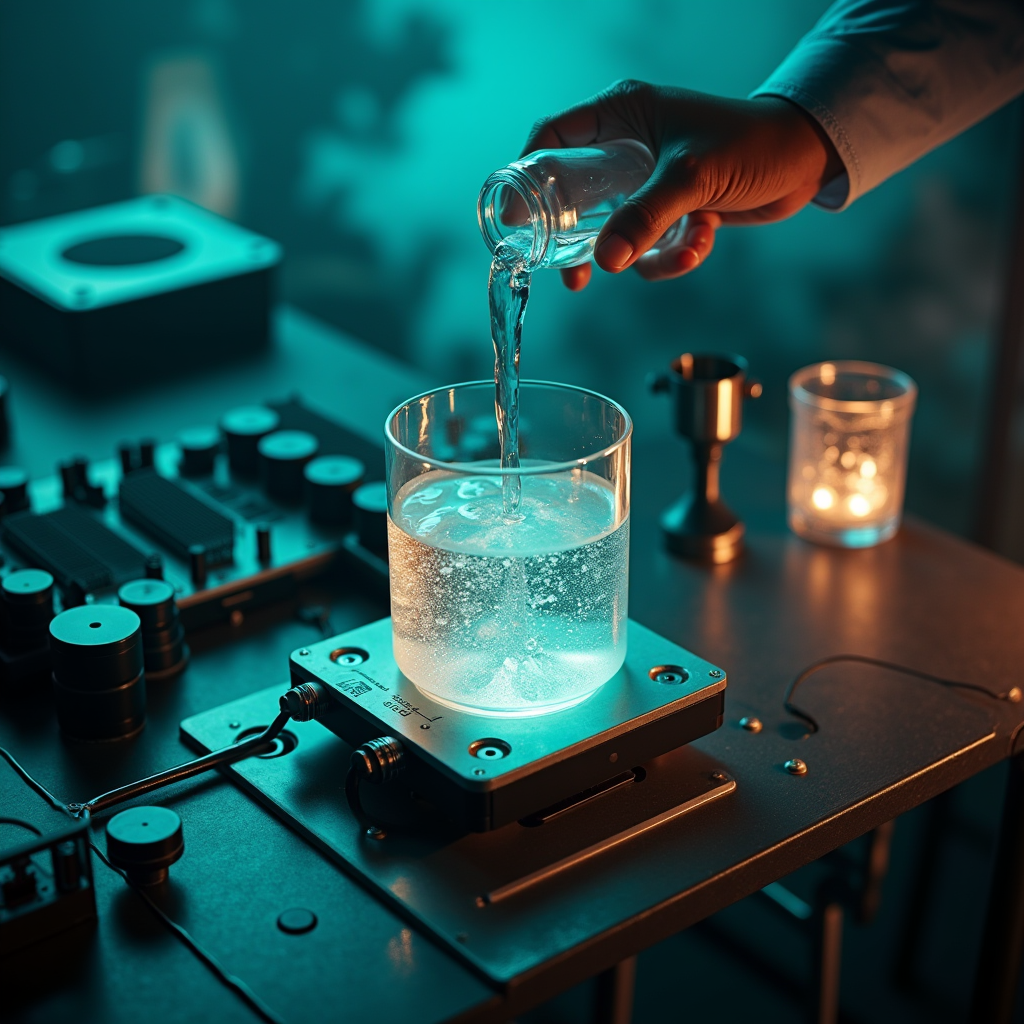 High angle view of a researcher pouring clear liquid coolant
