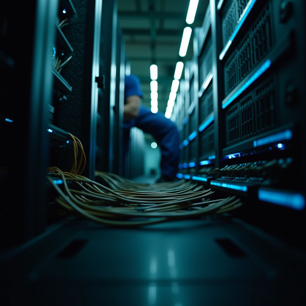 Low angle shot of a technician routing thick fiber optic cab