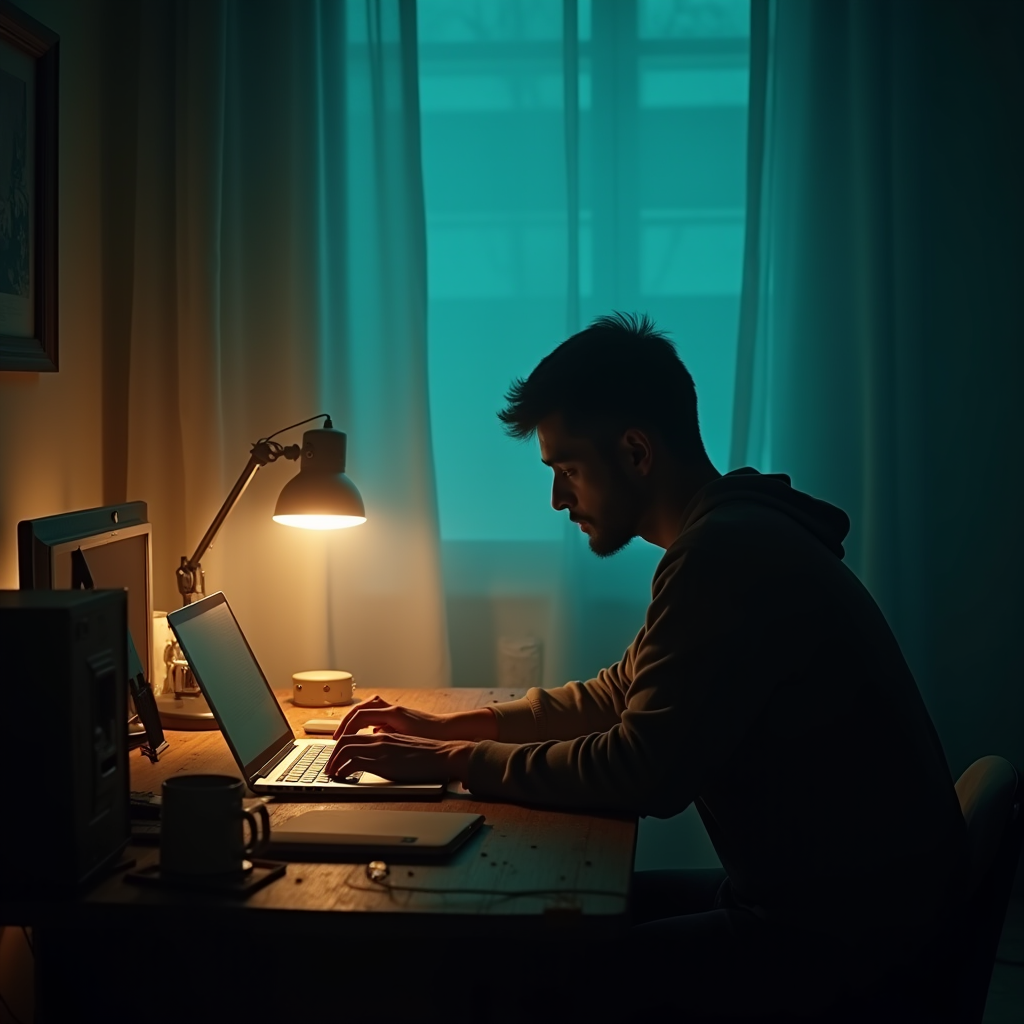 Medium shot of a developer leaning forward while typing on a