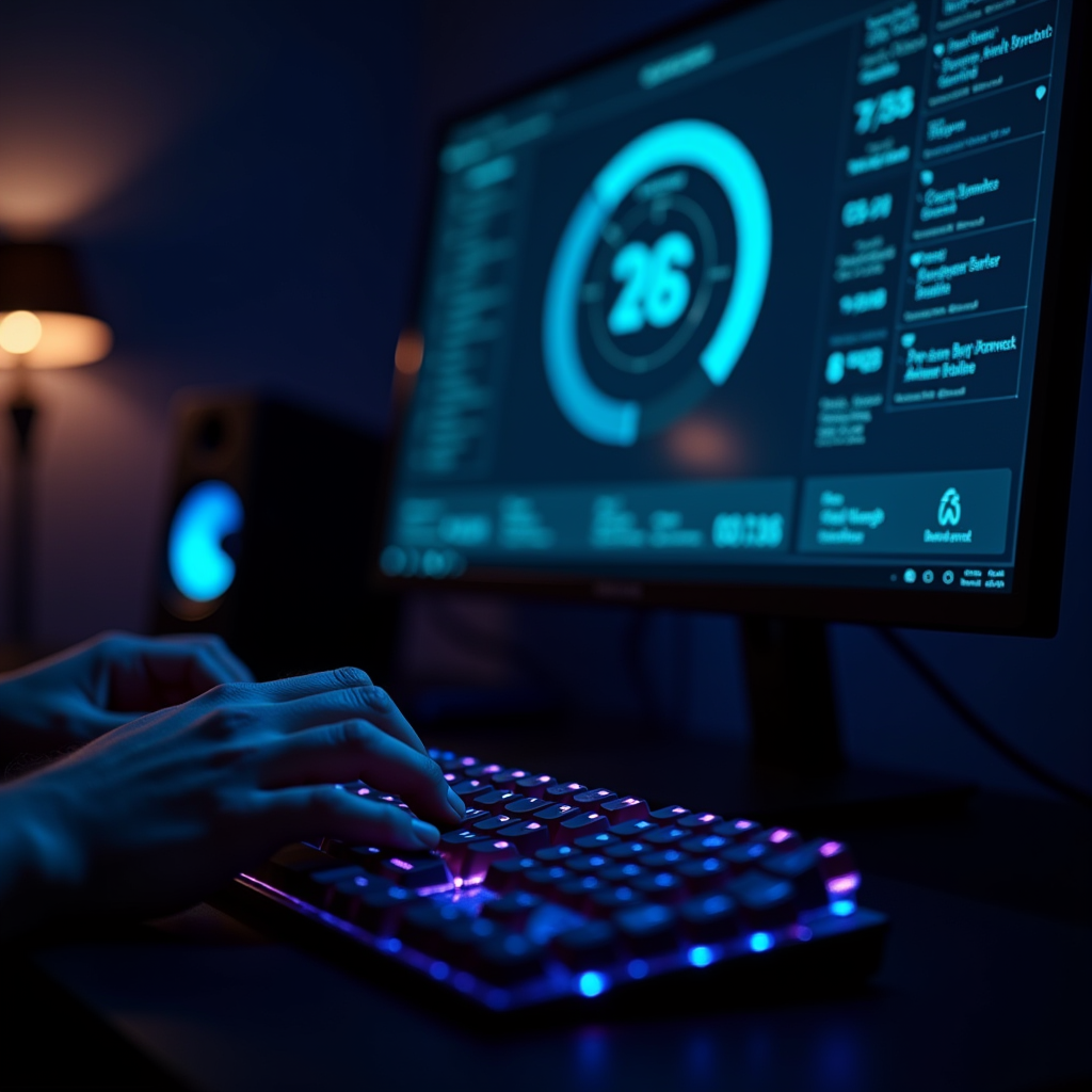 A pair of hands rests on a mechanical keyboard while a monit