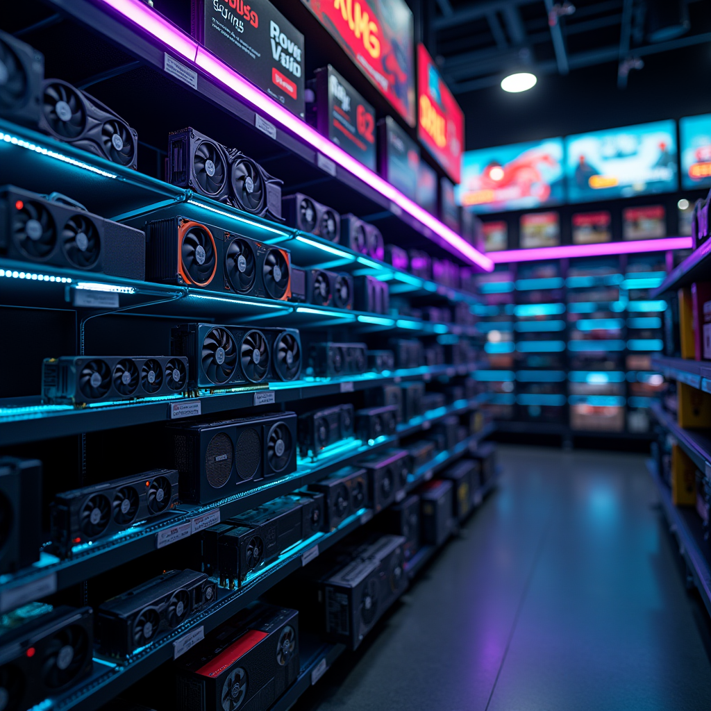 A crowded retail electronics shelf stacked with premium grap