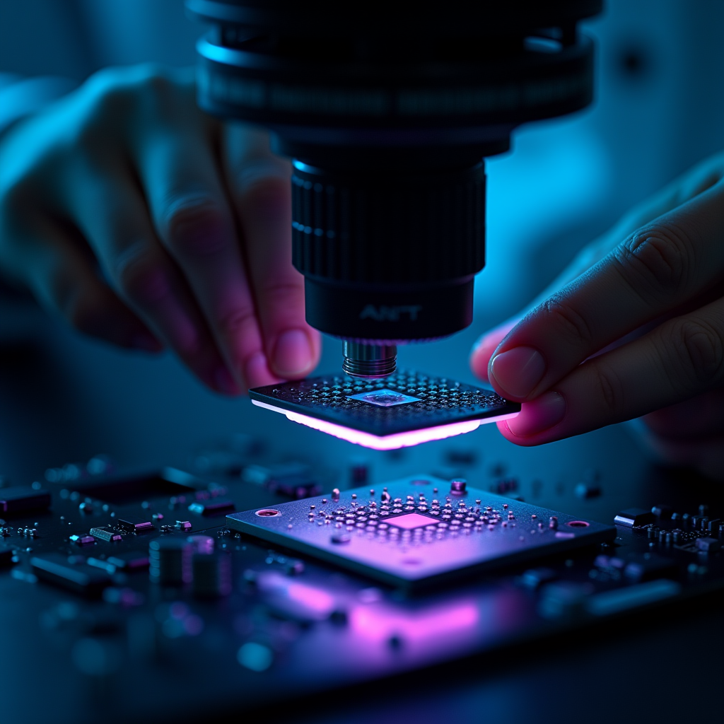 A materials scientist adjusts a custom silicon chip under a