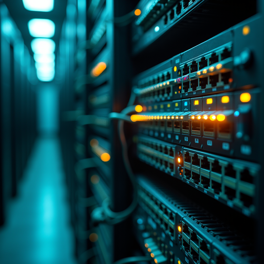 A dense cluster of network switches with blinking orange war