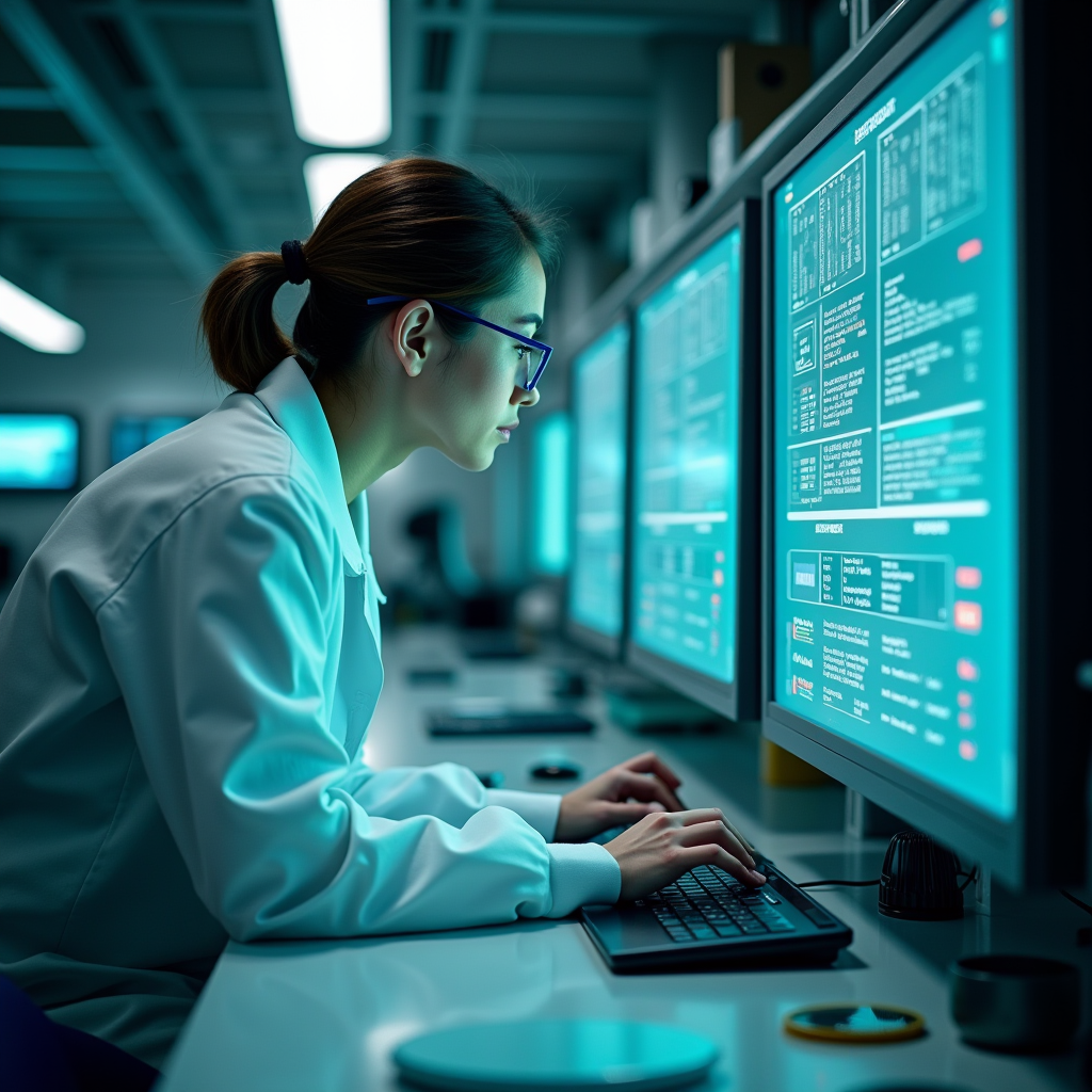 A researcher in a protective lab coat leans over a cluttered