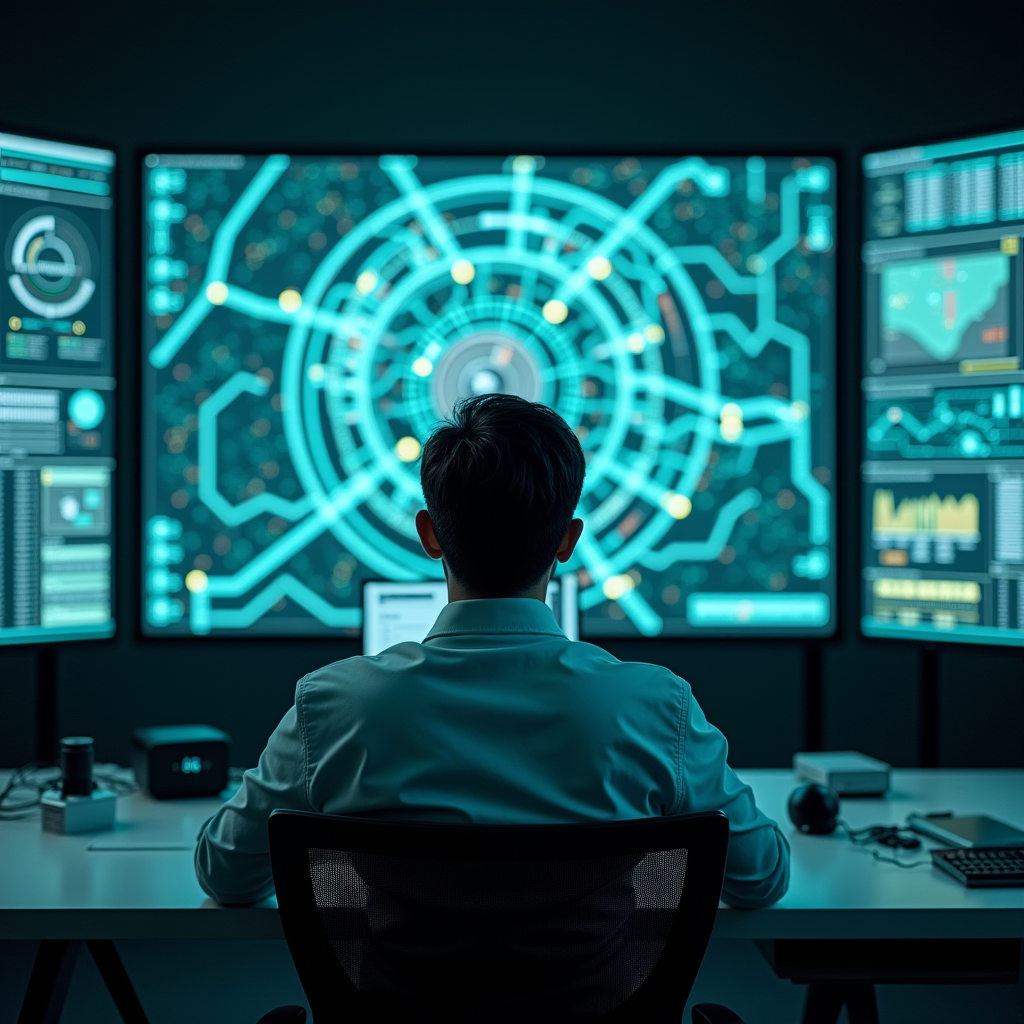 A control room operator stares at a sprawling wall of monito
