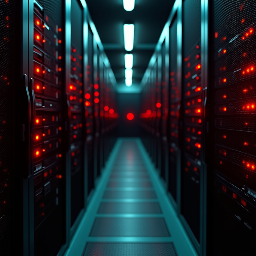 Dutch angle framing of a dense server farm aisle, red warnin