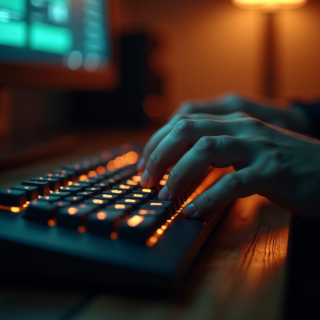 Close-up of calloused hands typing rapidly on a mechanical k