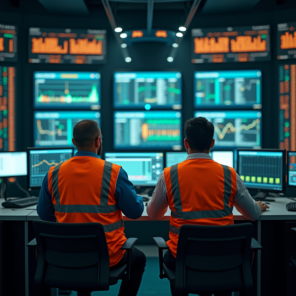 Wide shot of a busy data center control room, engineers in s
