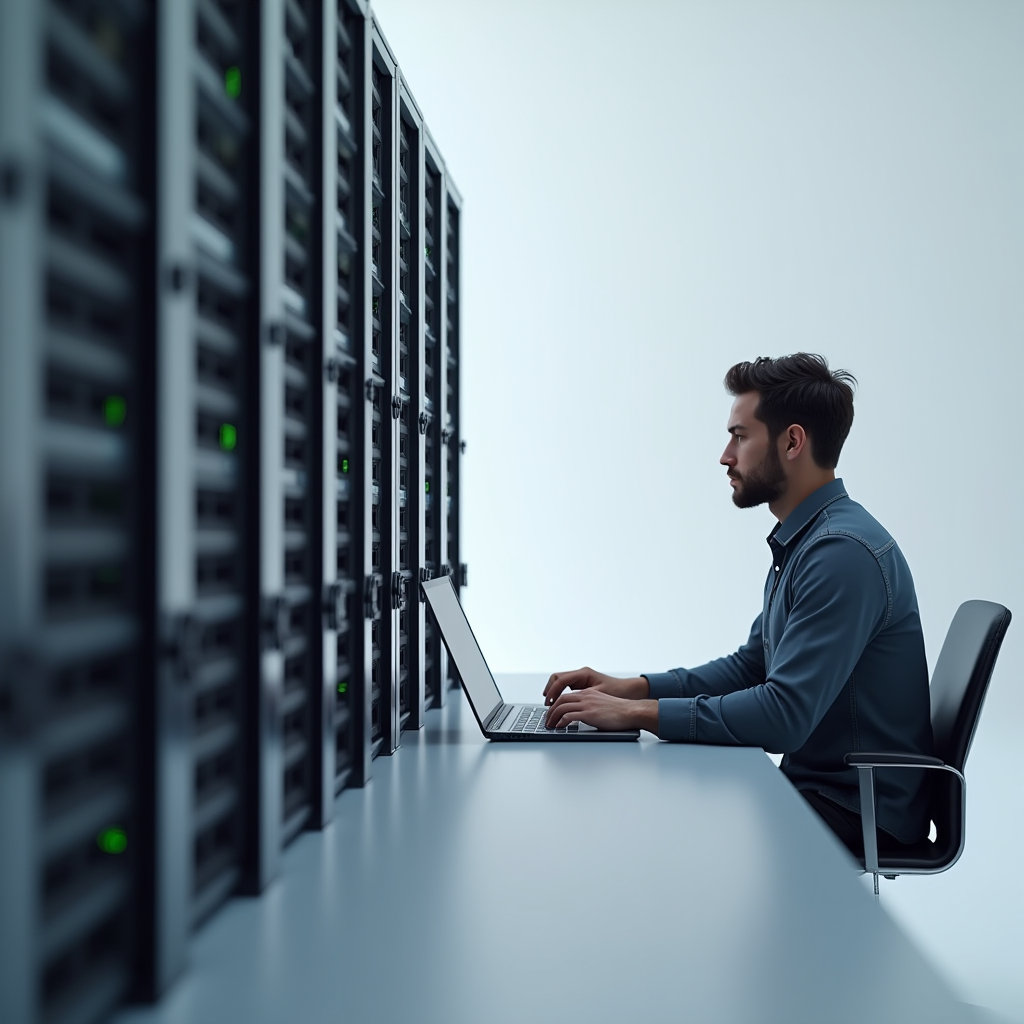 A technician monitoring a wall of heavy GPU servers while a