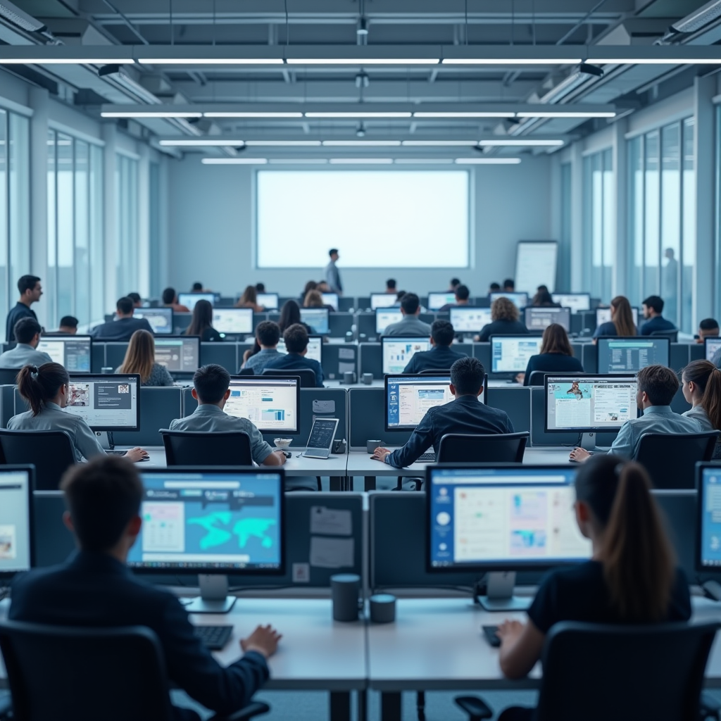 A packed open-plan office where dozens of monitors radiate b