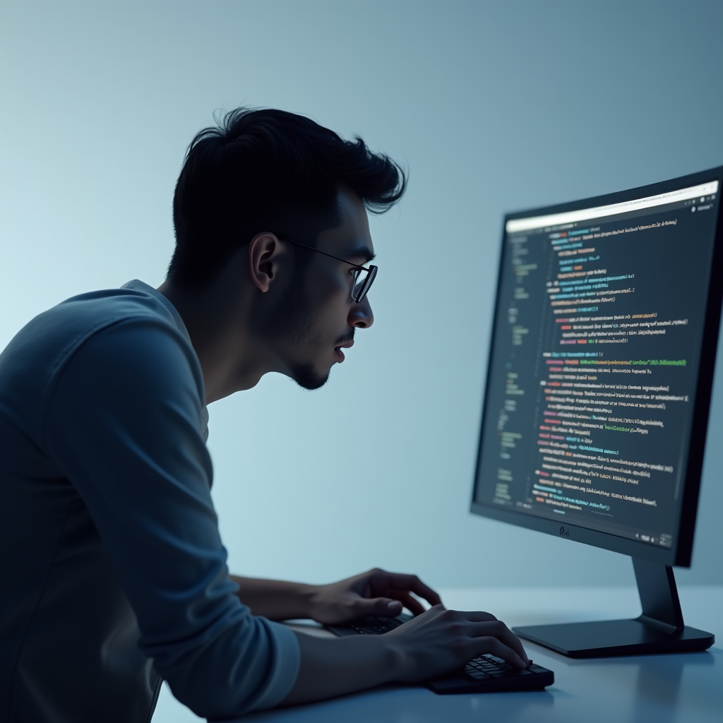 A computer scientist leaning over a glowing terminal window,